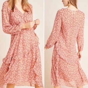 Anthropologie Maeve Sirena Pink Floral Ruffle Midi Dress (XS)